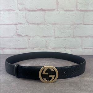 Authentic Gucci Guccissima Embossed Black Leather Gg Marmont Belt 370543 85/34